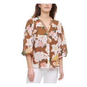 CALVIN KLEIN Womens Beige Ruffled Floral Kimono Sleeve V Neck Hi-Lo Top XS